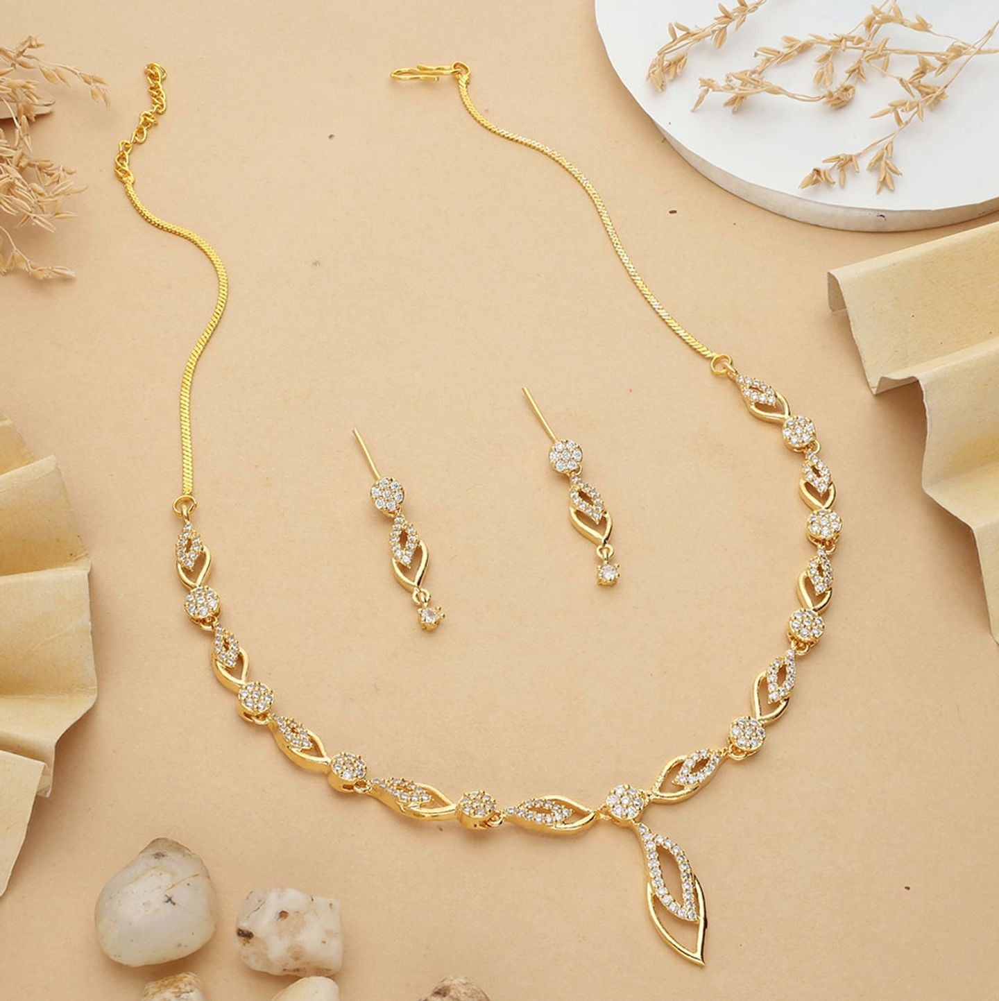 Gilded Flora: Delicate Zirconia Petal Necklace Set