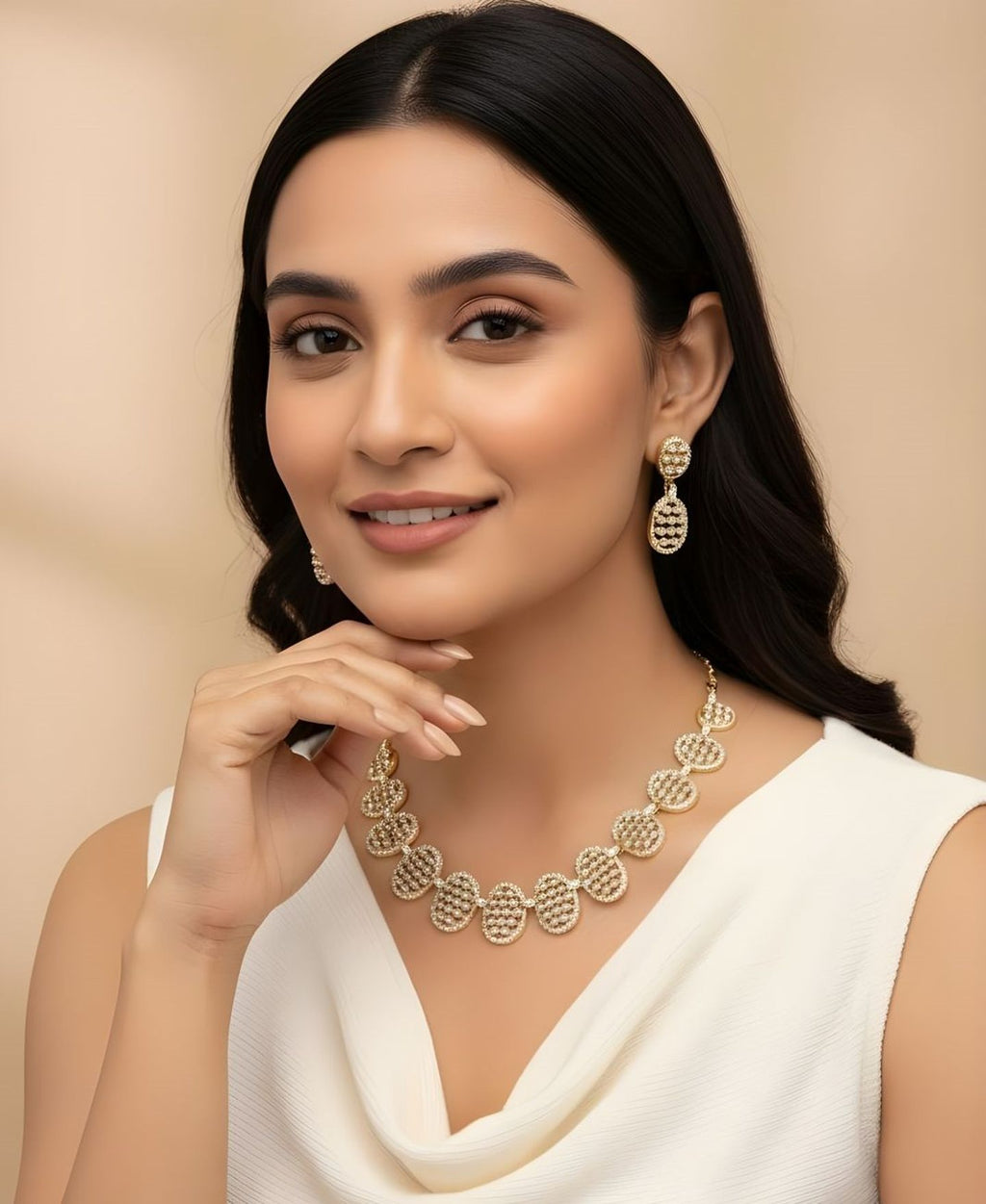 The Royal South: Traditional Kemp-Stone Encrusted Matte Gold Necklace & Earring Set