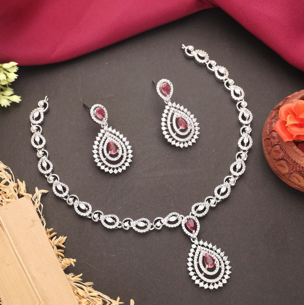 Silver-Plated Pink Stone Necklace with Matching Earrings | Indian Jewellery | Indian Neckles Set