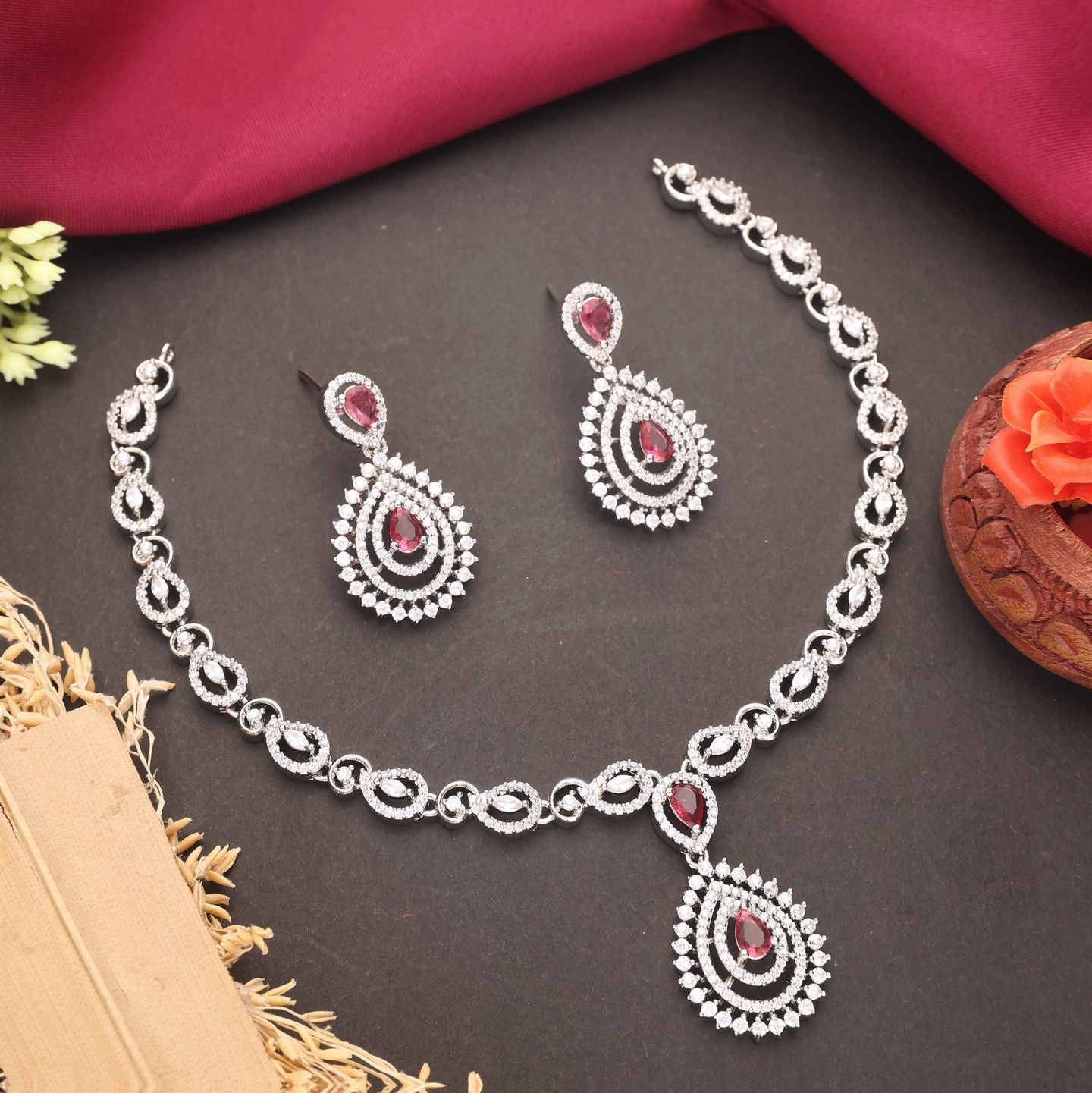 Silver-Plated Pink Stone Necklace with Matching Earrings | Indian Jewellery | Indian Neckles Set