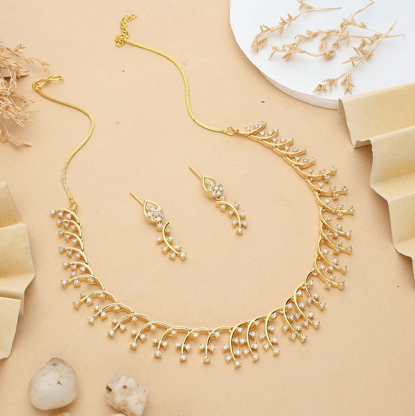 White Brass Alloy Antique Finish American Diamond Necklace Set For Women