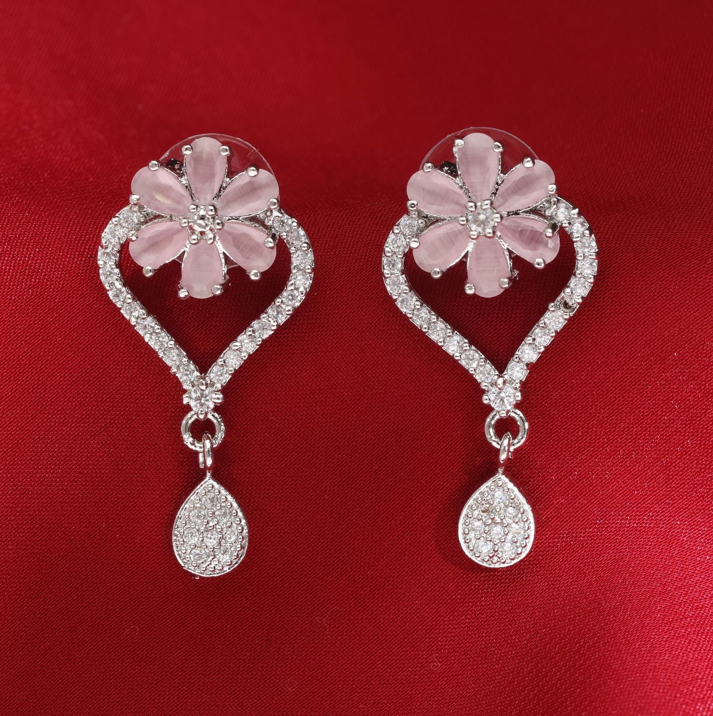 Silver-Toned Kundan Earrings With Blush & Lilac Stone Drop Earrings - Statement Chandelier Jewelry