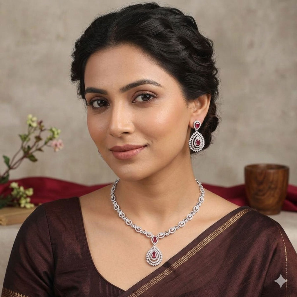 Silver-Plated Pink Stone Necklace with Matching Earrings | Indian Jewellery | Indian Neckles Set