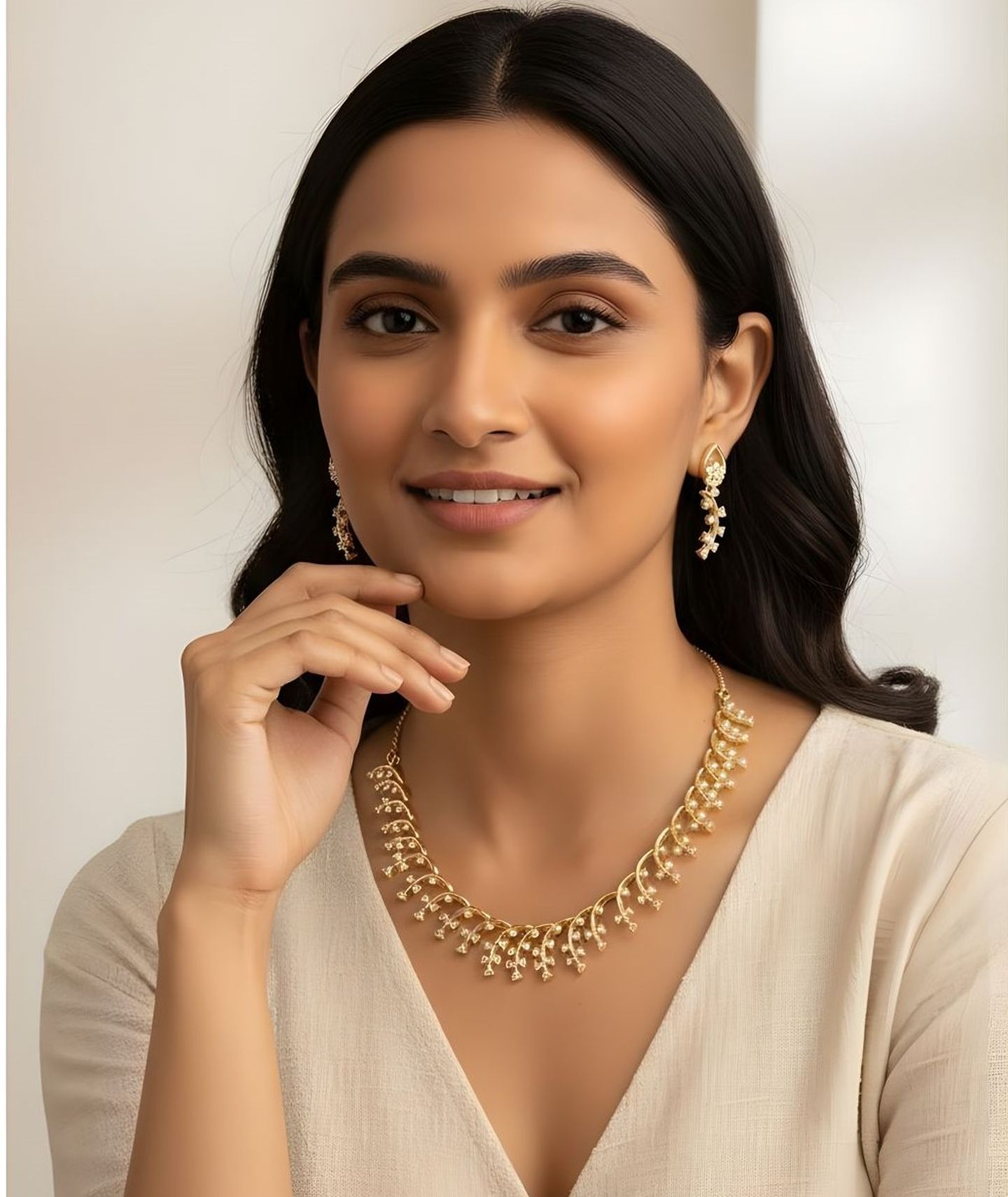 White Brass Alloy Antique Finish American Diamond Necklace Set For Women